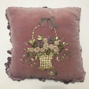 Vintage Rosette Floral Ribbon Satin Basket Embroidered Velour Pillow Cushion